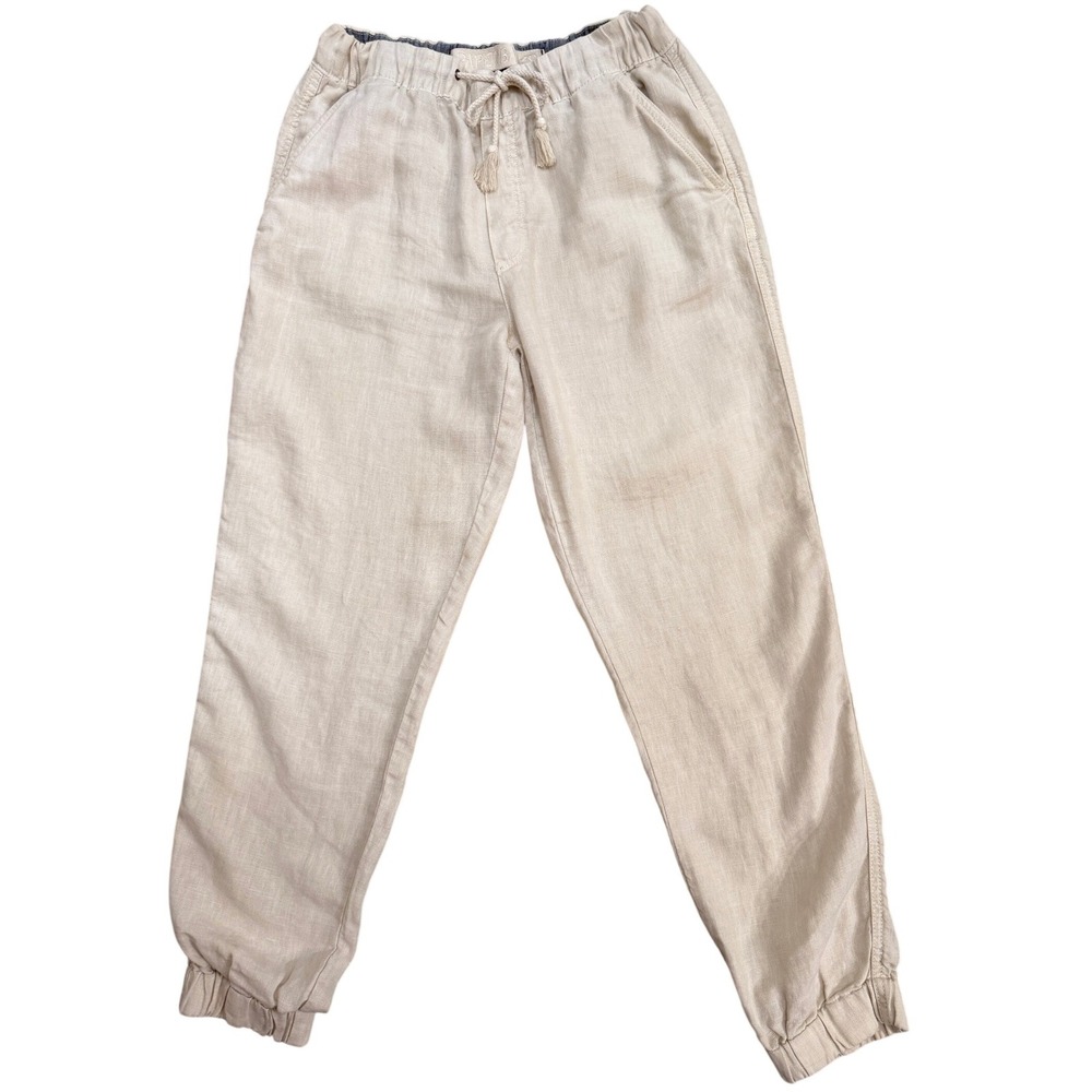 Paperbacks Womens 100% Linen Jogger Pants Beige Elastic Waist Drawstring Medium